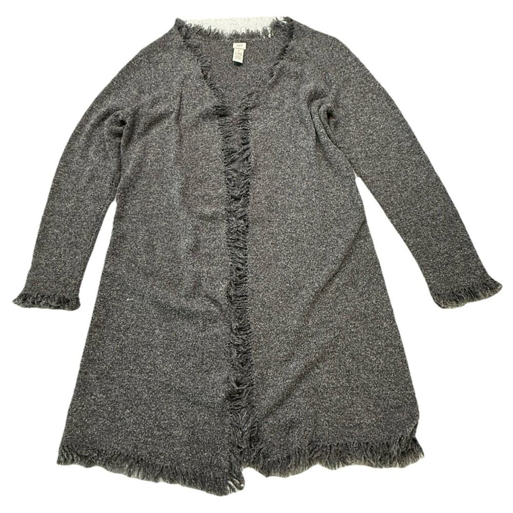 J Jill Cardigan Womens Open Front Bohemian Merino Wool Nubby Gray Fringed M